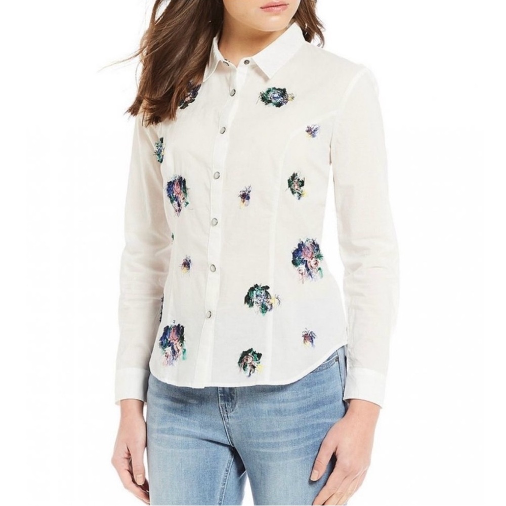 Reba Blues Travelers Floral White Button Down Shirt size S
